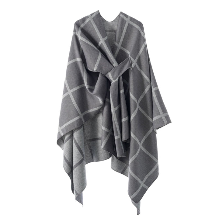 Damen Oversize Wollmix Poncho mit Gürtel und Karomuster Drune