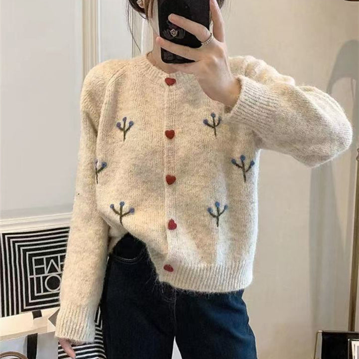 Damen kuscheliger Strickjacke mit Herzen und Blumenstickerei Drune