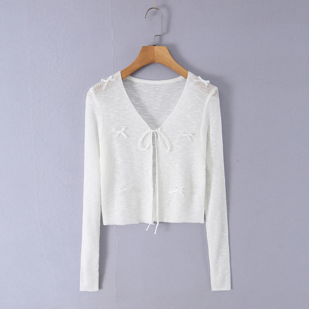 Damen Cropped-Feinstrick-Cardigan mit V-Ausschnitt, Bindeband und Zierschleifen Drune