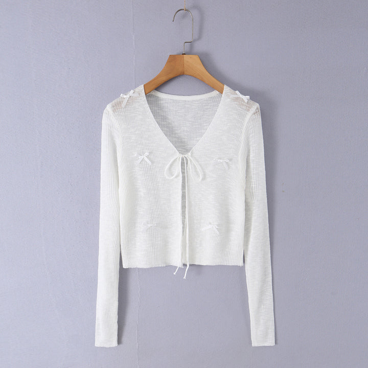 Damen Cropped-Feinstrick-Cardigan mit V-Ausschnitt, Bindeband und Zierschleifen Drune