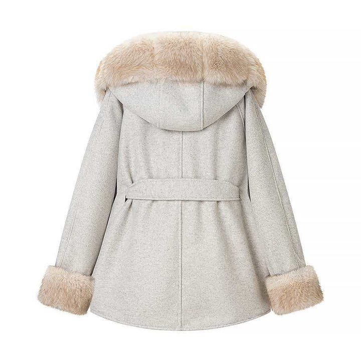 Damen Stilvolle Wolljacke mit abnehmbarer Kapuze und Teddyfutter Drune