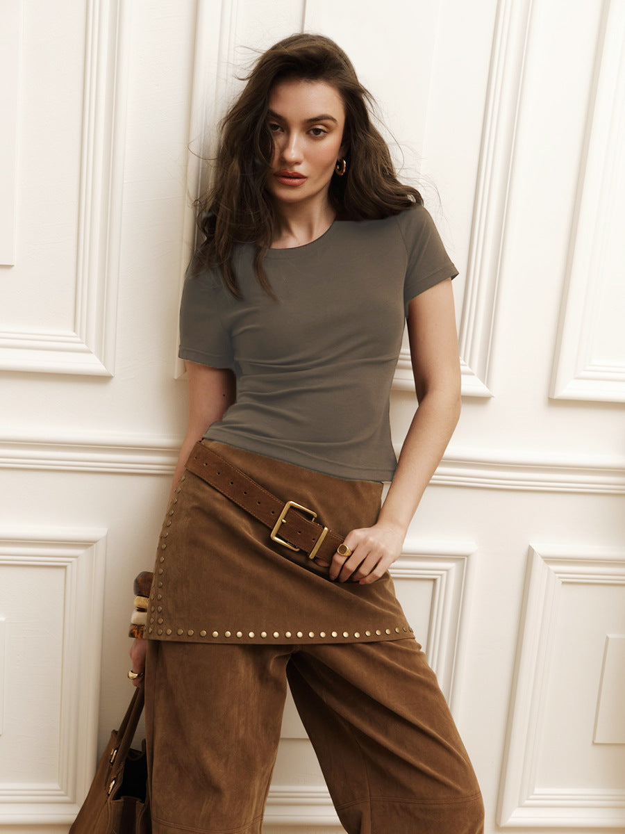 Damen Figurbetontes Basic-T-Shirt mit Rundhalsausschnitt Drune