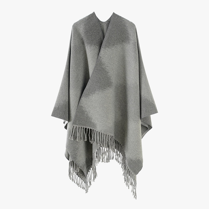 Damen Capeponcho mit weichfallender Wollmix‑Qualität, asymmetrischem Zipfelsaum und Kettelfransen Drune