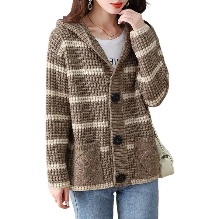 Damen Strickjacke mit Kapuze und dekorativem Karomuster Drune