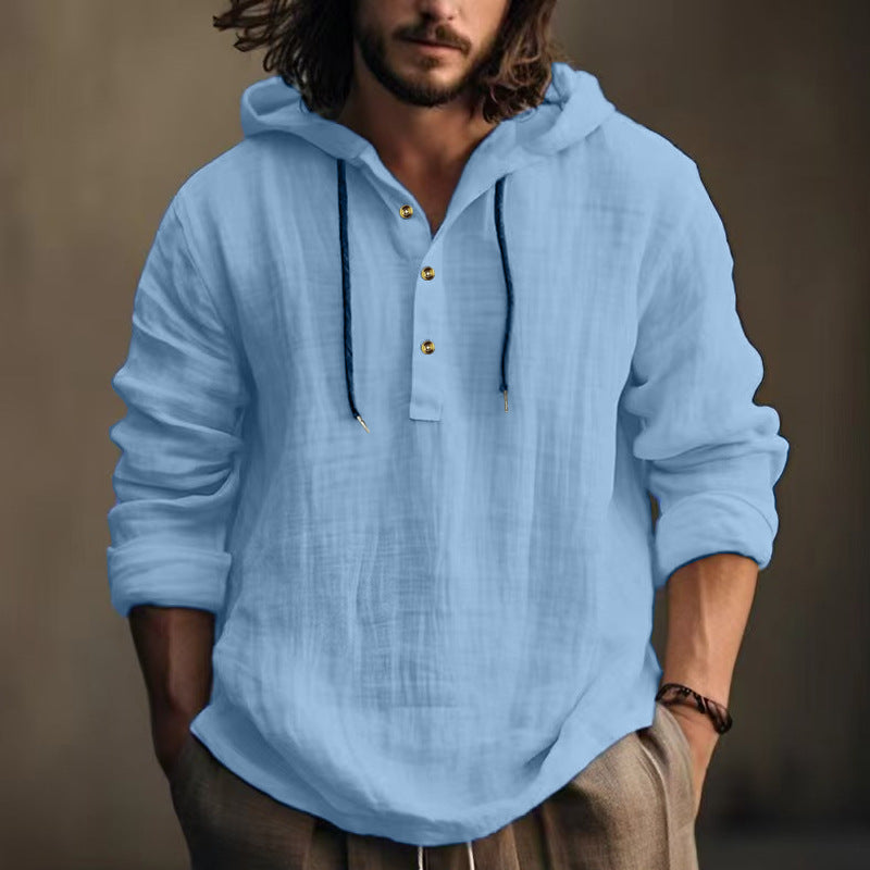 Herren nan leichtes Kapuzen-Henley Leinenhemd mit Knopfleiste und Kordelzug Drune