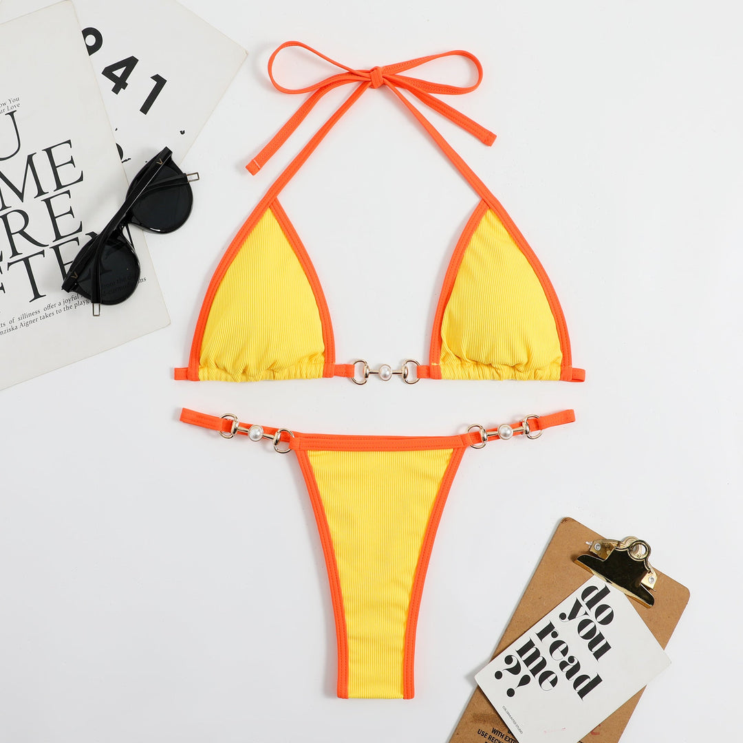 Damen Triangel-Bikini mit modischem Rippdesign und dekorativen Elementen Drune