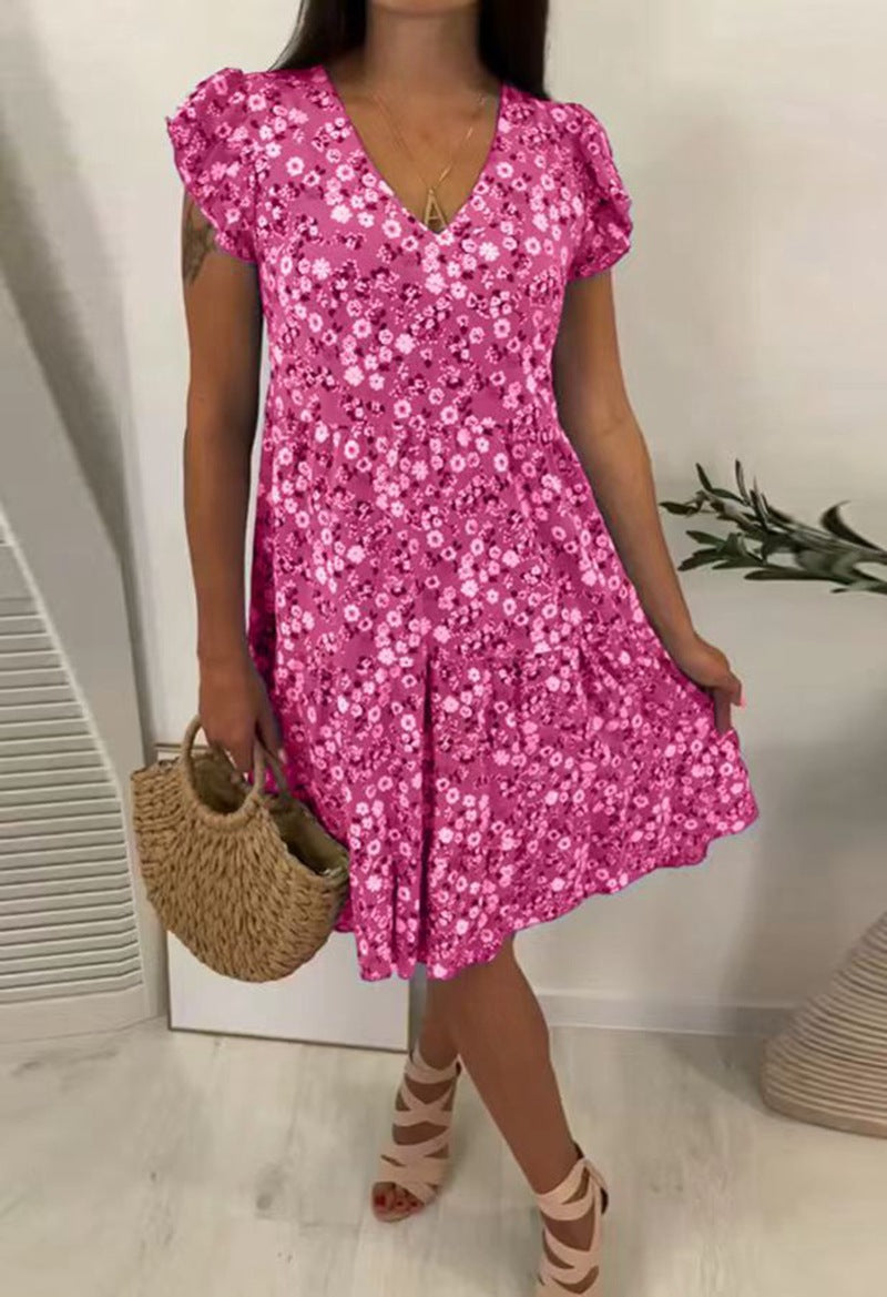 Damen nan V-Ausschnitt-Stufenkleid mit Puffärmeln und taillierter Unterbrustnaht Drune