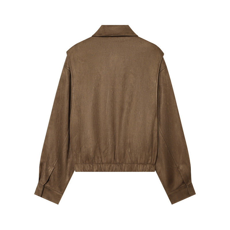 Damen nan kastige vegane Lederblousonjacke mit Hemdkragen, verdeckter Frontleiste und elastischem Saum Drune