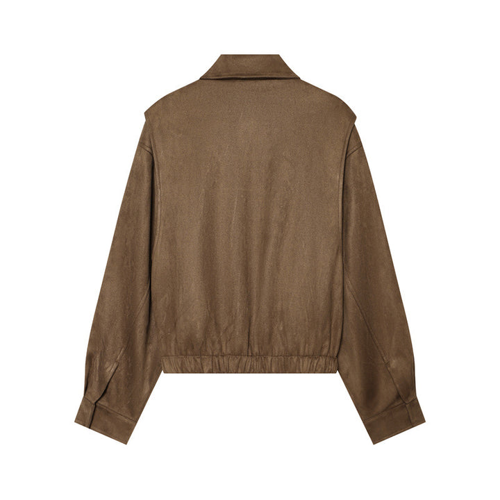 Damen nan kastige vegane Lederblousonjacke mit Hemdkragen, verdeckter Frontleiste und elastischem Saum Drune