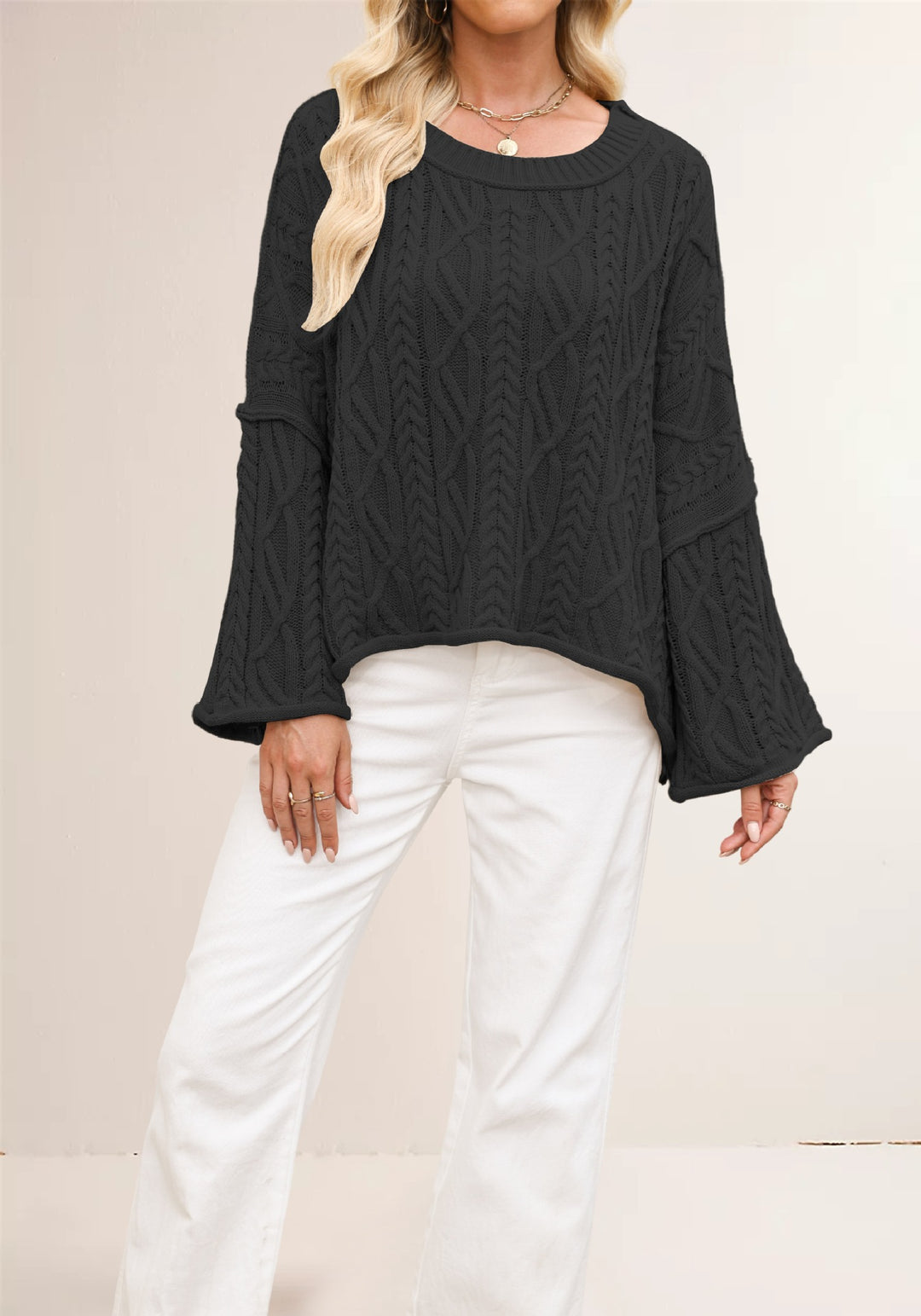 Damen lässiger Strickpullover mit weitem Schnitt und eleganten Zopfmuster Drune
