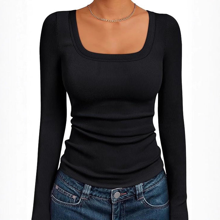 Damen Figurnahes Ripp-Langarmshirt mit weitem Carré-Ausschnitt und Stretch-Baumwollmix Drune