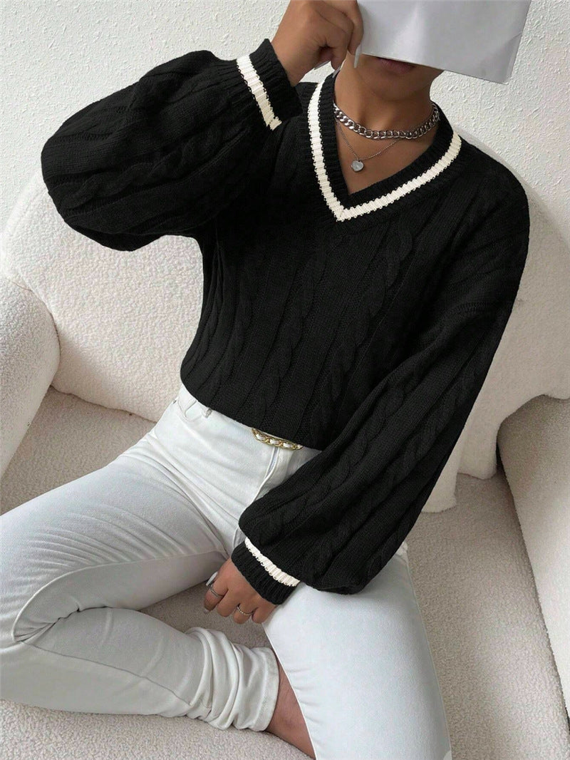 Damen Strickpullover mit modischem V-Ausschnitt und elegantem Zopfmuster Drune