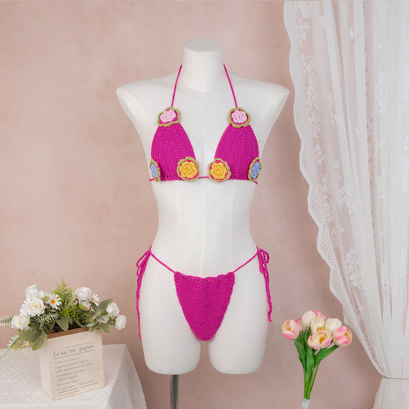 Damen Häkel-Bikini mit verspieltem Blumendesign und verstellbaren Bändern Drune