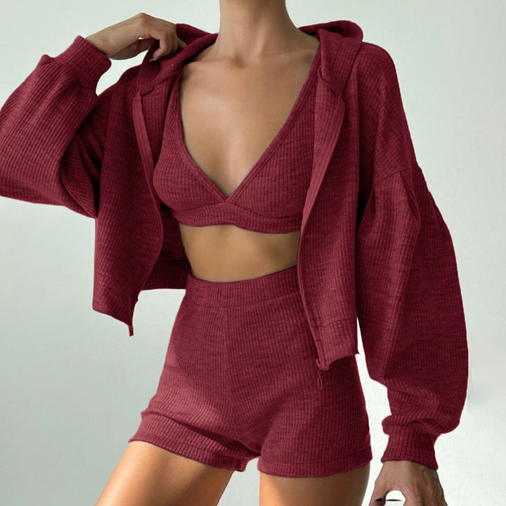 Damen nan kurzes geripptes Lounge-Set mit Kapuzen-Zipjacke und Highwaist-Shorts Drune