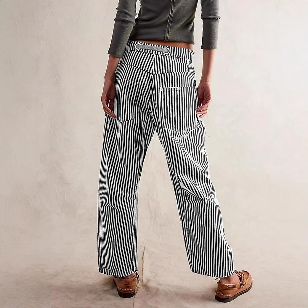 Damen nan lässige gestreifte Leinenhose mit Kordelzug und aufgesetzten Taschen Drune