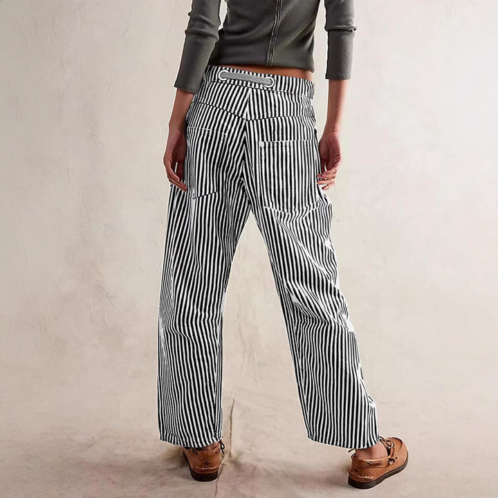 Damen nan lässige gestreifte Leinenhose mit Kordelzug und aufgesetzten Taschen Drune
