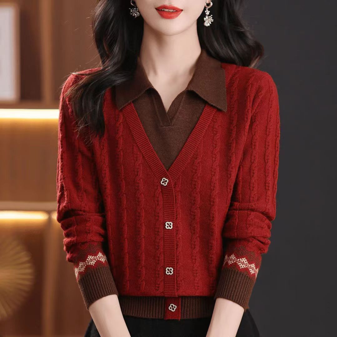 Damen elegante Strickjacke mit V-Ausschnitt Drune