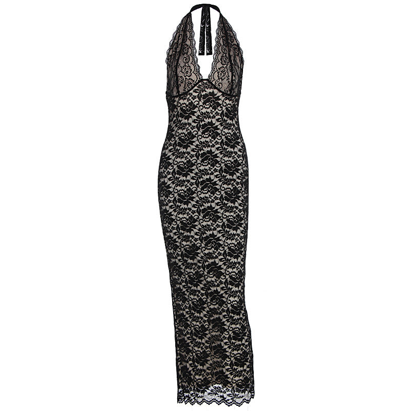 Damen Elegantes Spitzenmaxikleid mit halterndem Dekolleté Drune