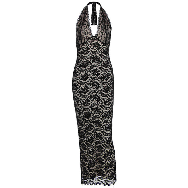 Damen Elegantes Spitzenmaxikleid mit halterndem Dekolleté Drune