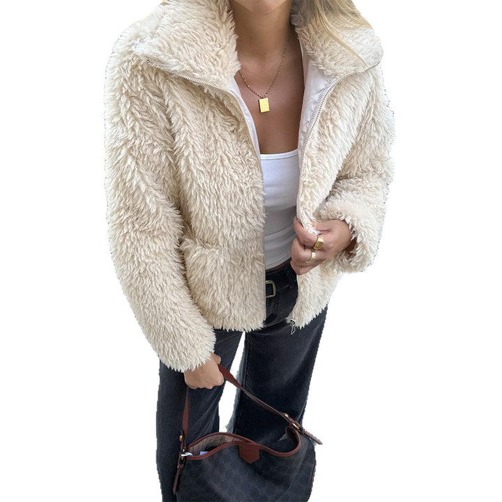 Damen nan Teddyjacke mit Reißverschluss, hochgeschlossenem Kragen, aufgesetzten Taschen und kurzer Passform Drune