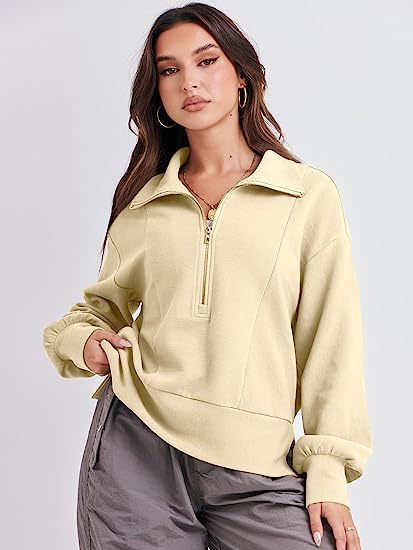 Damen Halb-Zip Kragen Entspannt Sweatshirt Pullover mit Rippbund und -manschetten Drune