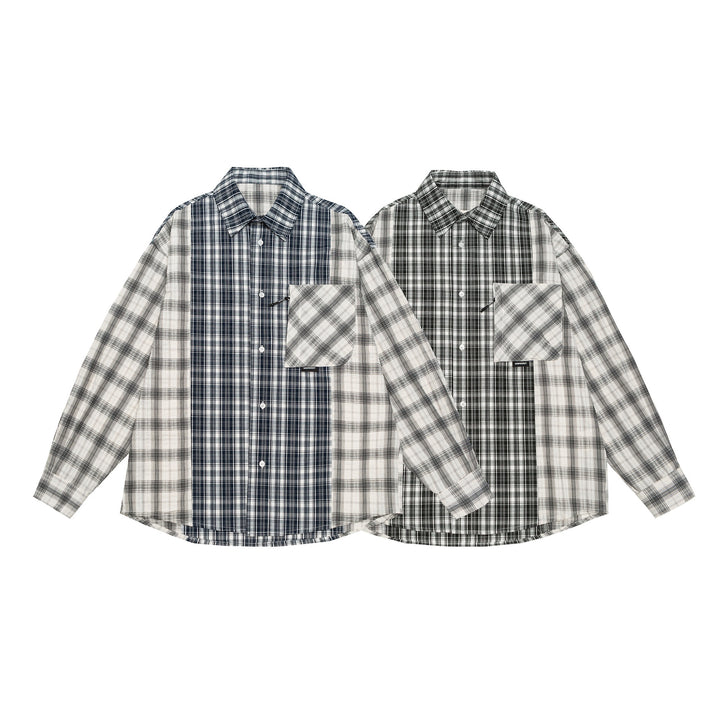 Unisex Oversized Hemdjacke mit Patchwork-Karomuster und abgerundetem Saum Drune