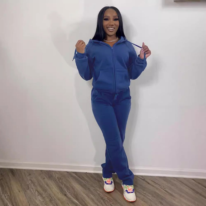 Damen nan Komfort-Zip-Hoodie mit taillenhoher Bootcut-Jogginghose Set Drune