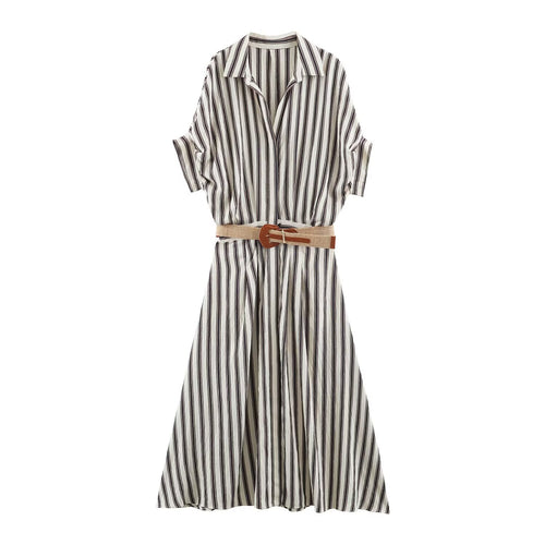 Damen Langes gestreiftes Hemdblusenkleid mit Taillengürtel und überschnittenen Ärmeln Drune
