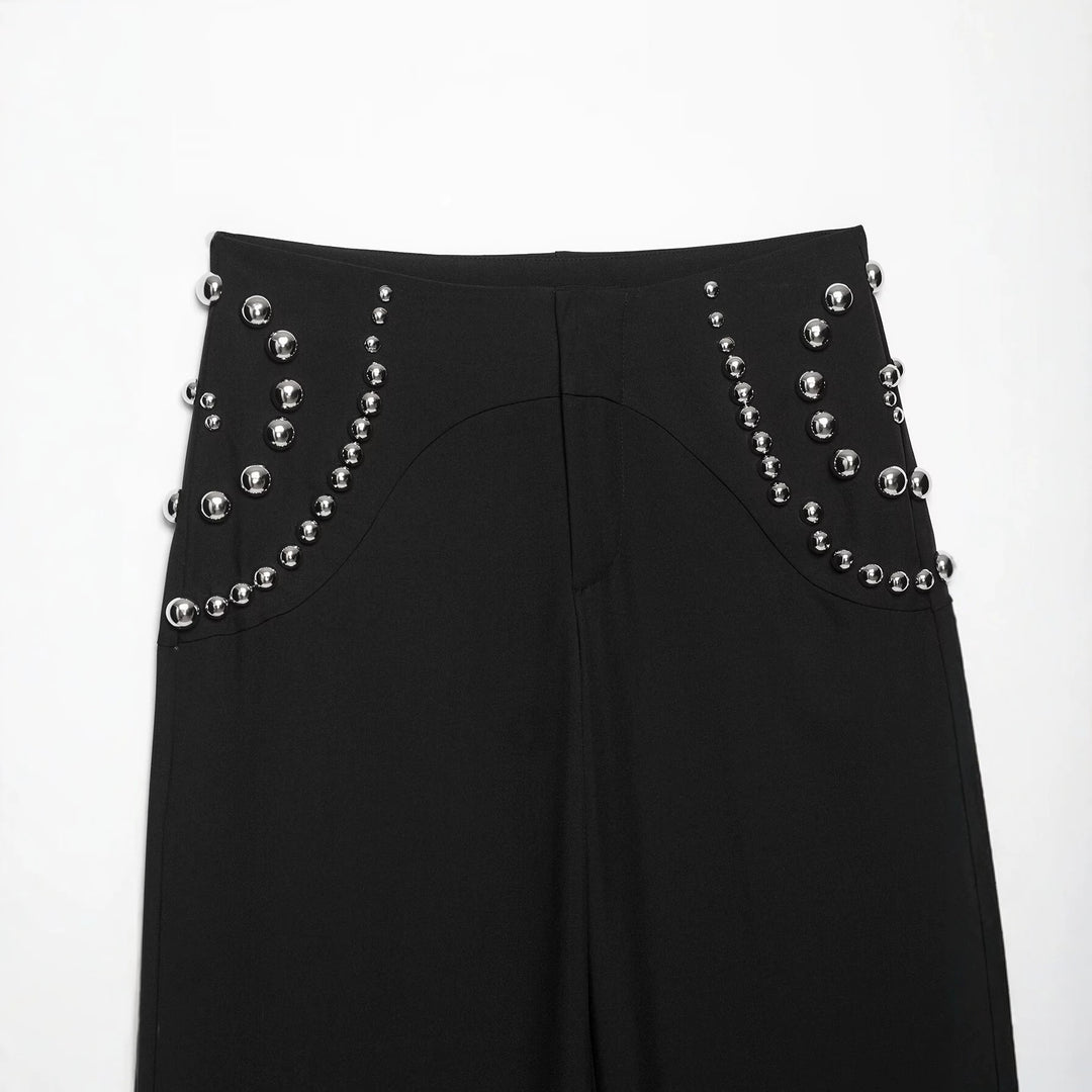 Damen Weite Highwaist-Hose mit Nietenbesatz und dekorativen Zierperlen Drune