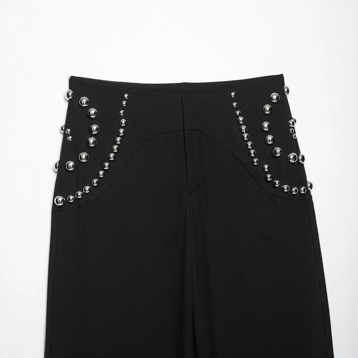 Damen Weite Highwaist-Hose mit Nietenbesatz und dekorativen Zierperlen Drune