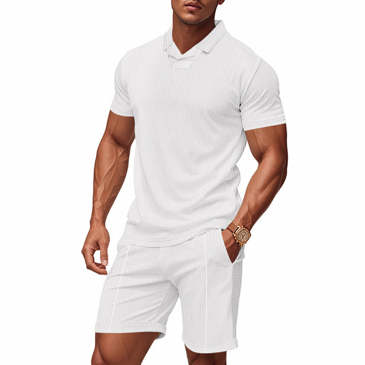 Herren nan lässiges Waffelstruktur-Freizeitset mit Reverskragen-Kurzarmshirt und elastischen Freizeitshorts Drune