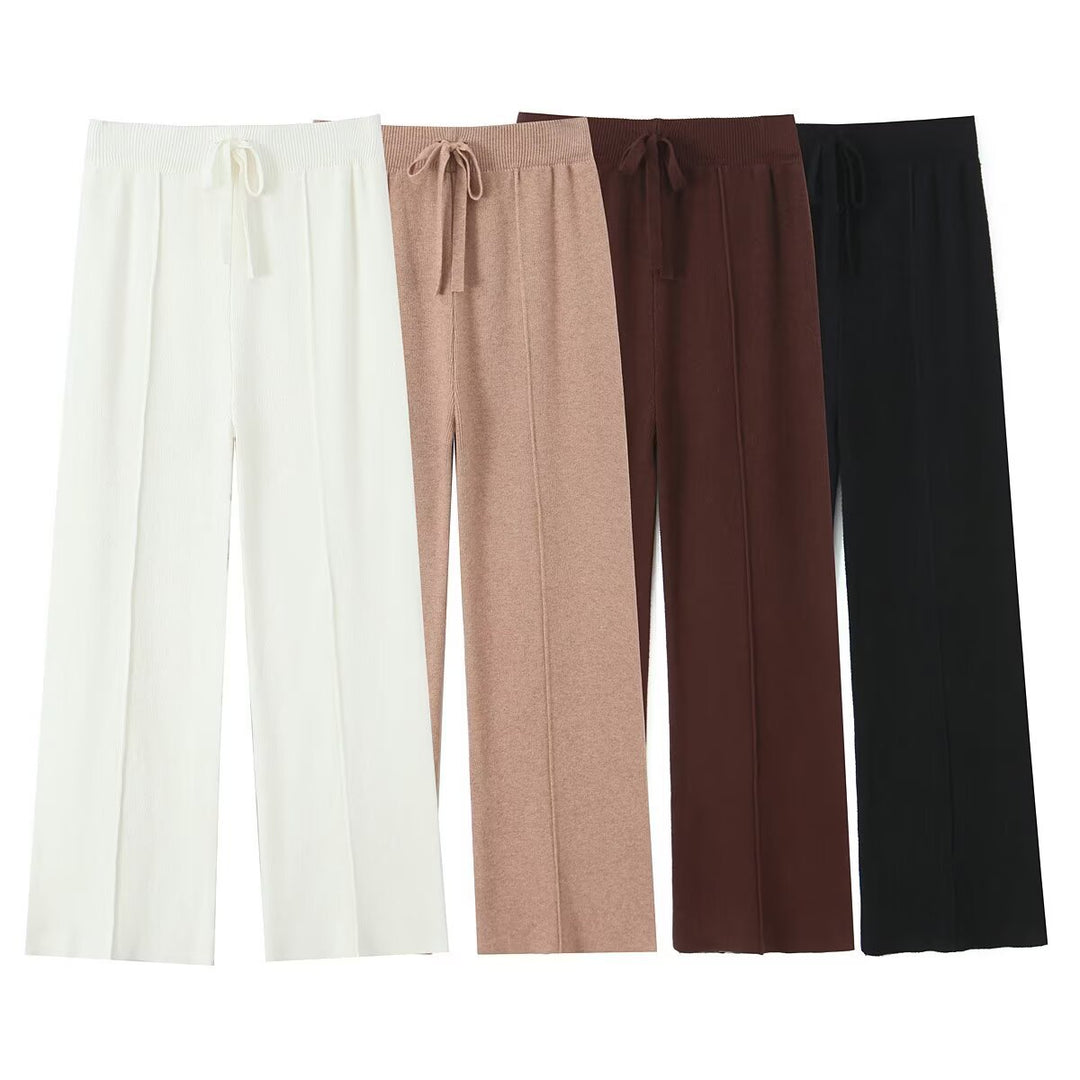 Damen weite Strickhose mit hoher Taille, sichtbarer Bügelfalte und Kordelzugbund Drune