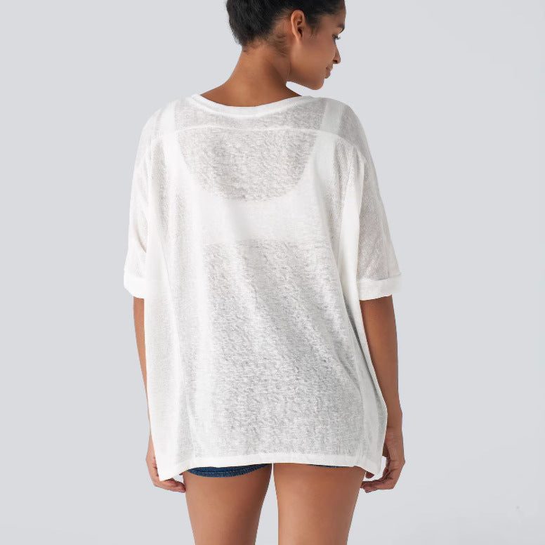 Damen lässiges Oversized T-Shirt mit seitlichen Schlitzen und umgeschlagenen Ärmeln Drune