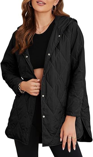 Damen gesteppte Kapuzenjacke mit Oversize-Schnitt, Druckknopfverschluss und Seitenschlitzen Drune