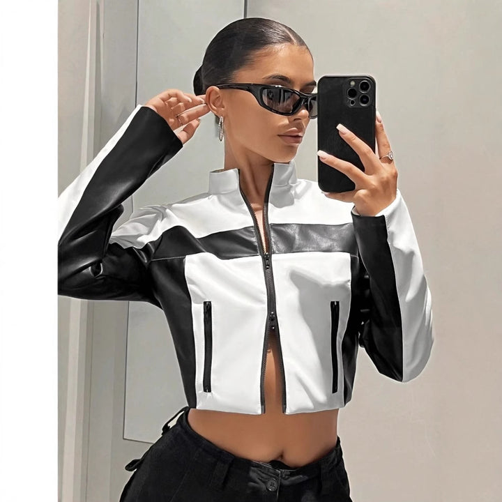 Damen Sportliche cropped Jacke aus Kunstleder mit Kontrastdetails Drune