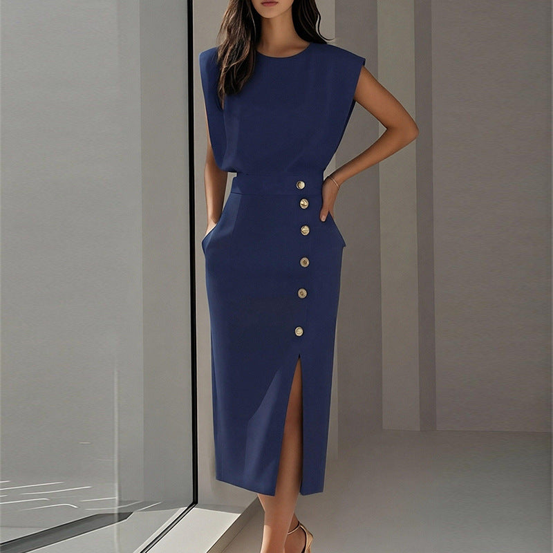 Damen Elegantes Midi-Kleid mit Knopfdetails und Seitenschlitz Drune