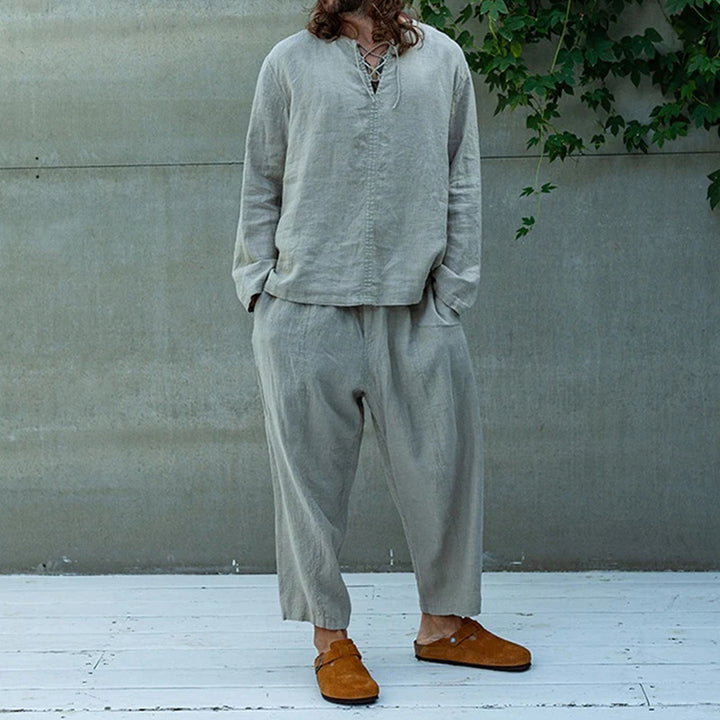 Herren Lockeres Leinen‑Look Freizeitset mit Schnürkragen und weiten Haremshosen Drune