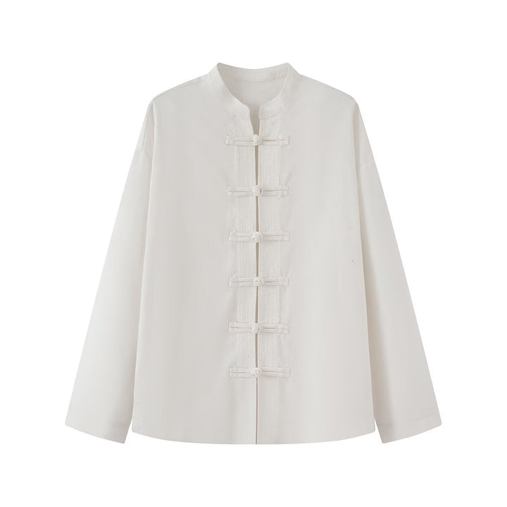 Damen Lockerer Leinen‑Mix Blouson mit Stehkragen und Knotenverschlüssen Drune