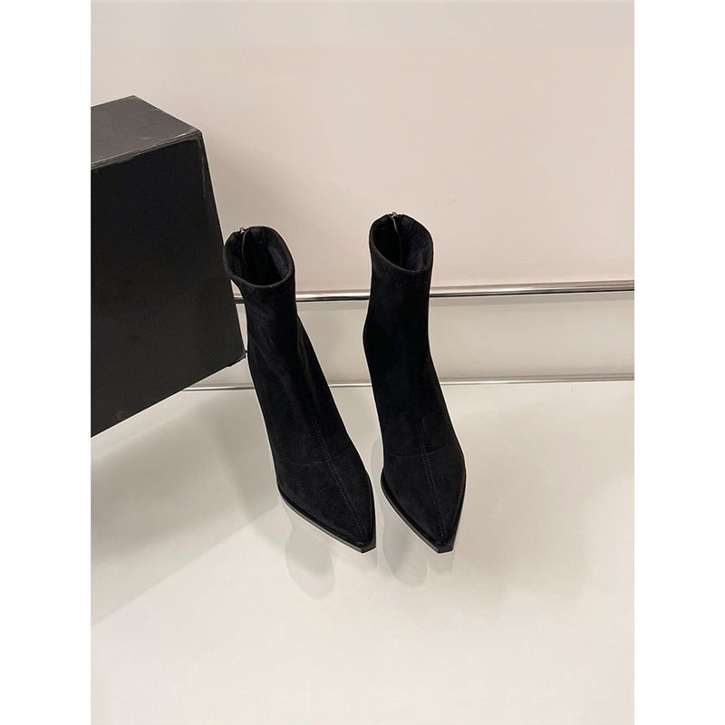 Damen Spitz zulaufende Ankle-Boots aus Veloursoptik mit sockenhaftem Schaft und schlankem Stiletto-Absatz Drune