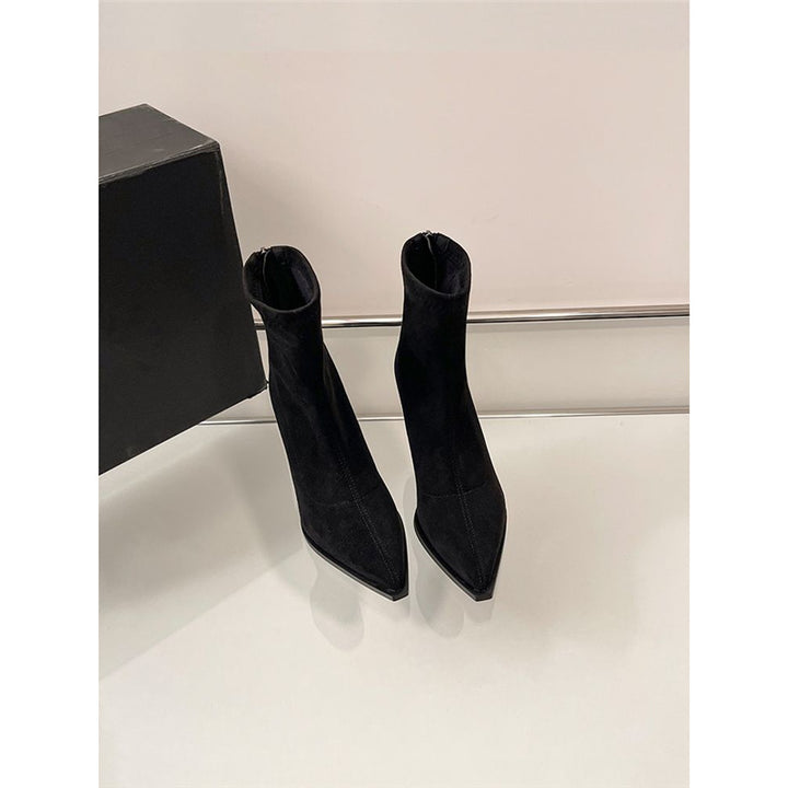 Damen Spitz zulaufende Ankle-Boots aus Veloursoptik mit sockenhaftem Schaft und schlankem Stiletto-Absatz Drune