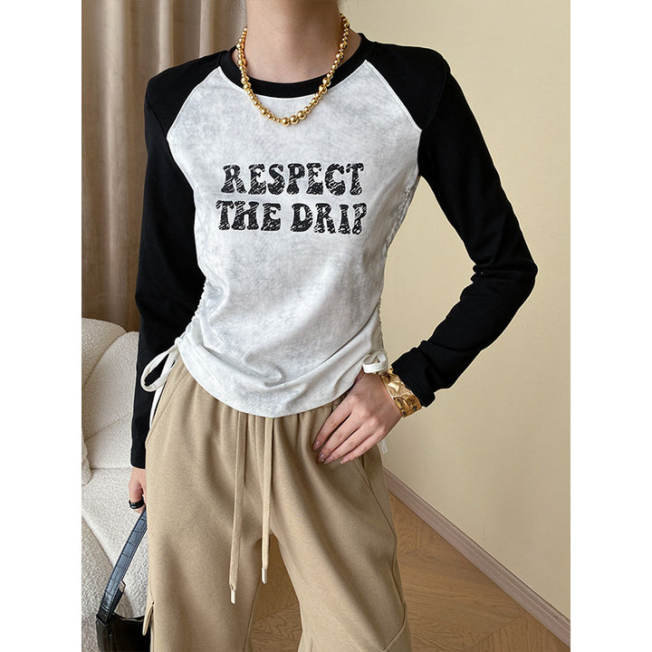 Damen lässiges Raglan-Shirt mit kreativem Aufdruck und modernen Designelementen Drune