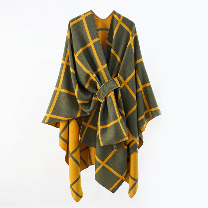 Damen Oversize Wollmix Poncho mit Gürtel und Karomuster Drune