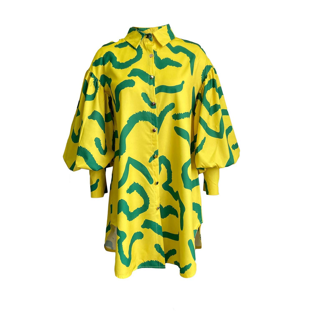 Damen Hemdkleid mit Oversize-Puffärmeln und lebhaftem Muster Drune