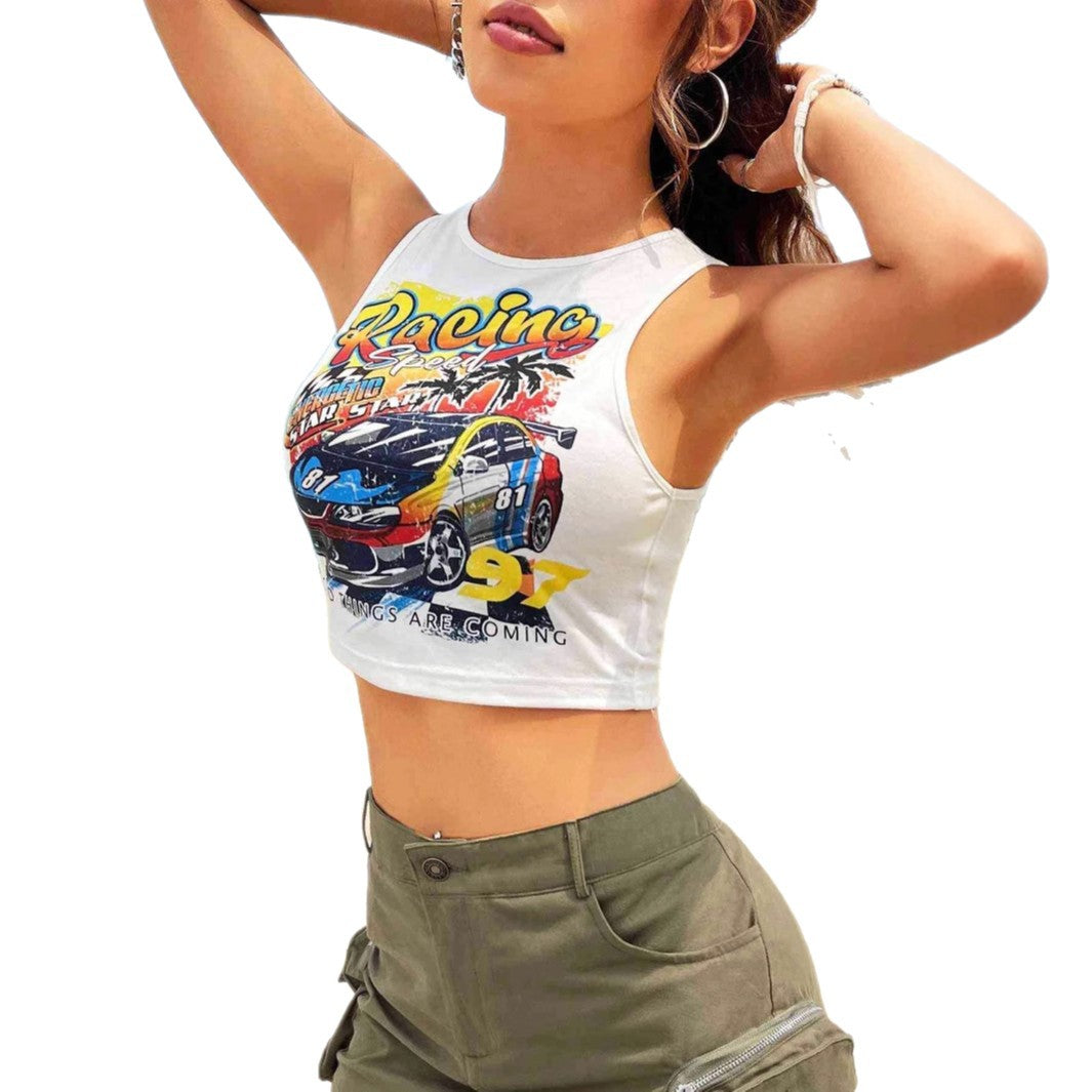 Damen Cropped Tank-Top mit kreativem Rennsport-Motiv und lässigem Schnitt Drune