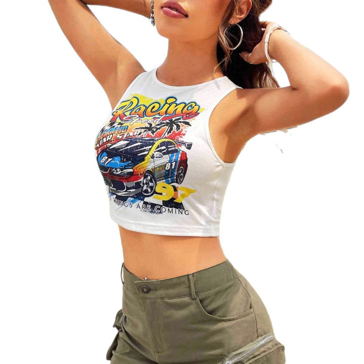 Damen Cropped Tank-Top mit kreativem Rennsport-Motiv und lässigem Schnitt Drune
