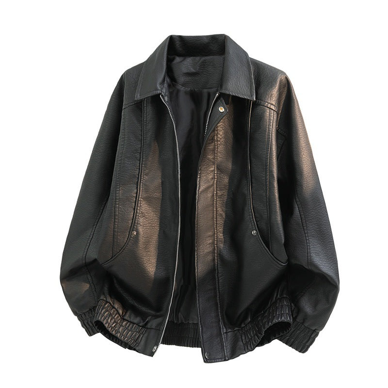 Herren oversized Kunstleder-Fieldjacke mit verdecktem Reißverschluss, elastischem Saum und aufgesetzten Taschen Drune