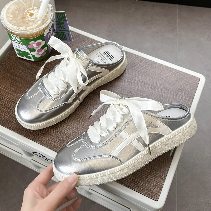 Damen Satin-Schnürpantoffel Mule-Sneaker mit offener Fersenpartie und Metallic-Optik Drune