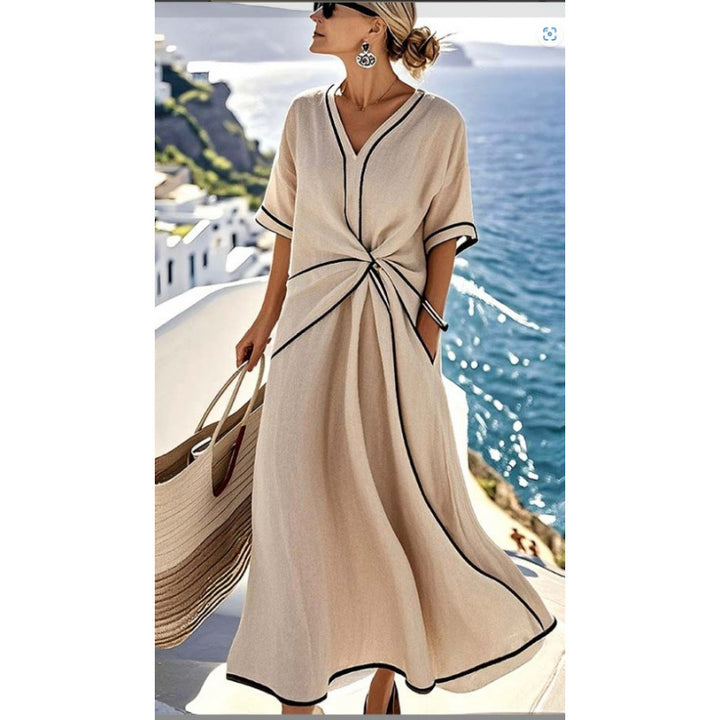 Damen Maxikleid mit V-Ausschnitt, seitlichem Knoten und Kontrastpaspeln Drune