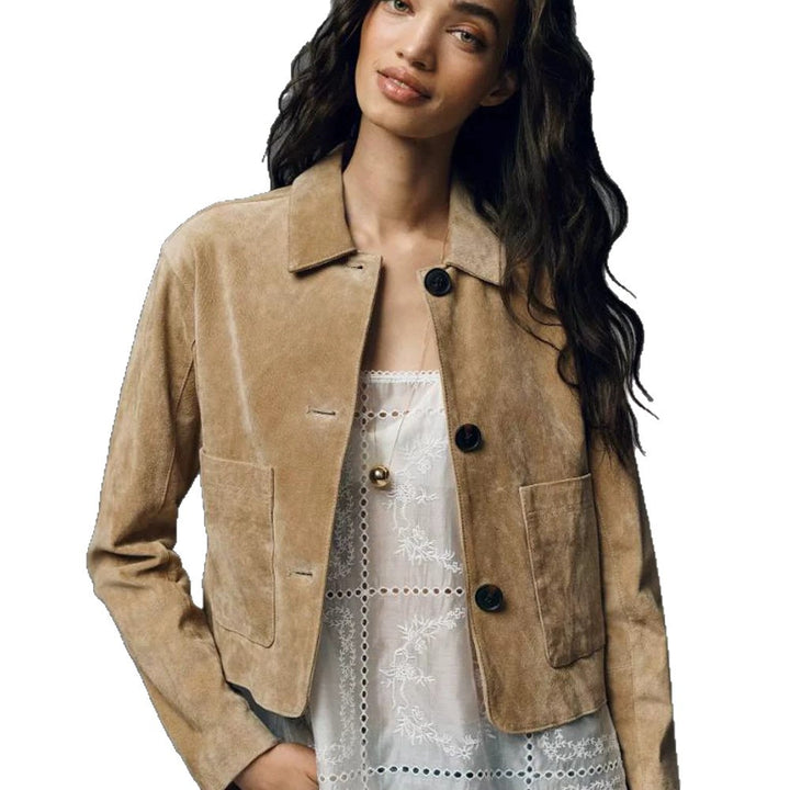 Damen Kurze Velourslederjacke im Clean-Cut mit aufgesetzten Taschen Drune