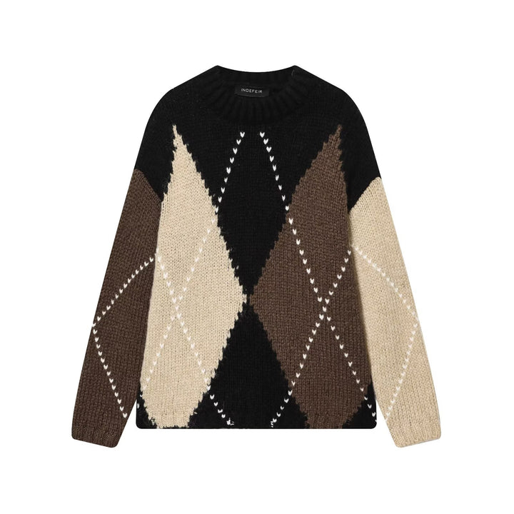 Damen Grobgestrickter Argyle-Pullover mit Oversize-Schnitt und Rippkragen Drune